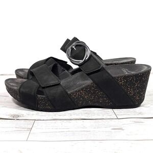 Dansko Susie Sandals Black Nubuck Open Toe Strap Wedge 3420360200 Sz 6.5 / 37